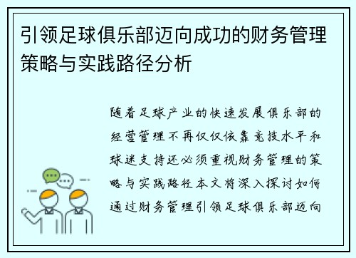引领足球俱乐部迈向成功的财务管理策略与实践路径分析 引领足球俱乐部迈向成功的财务管理策略与实践路径分析