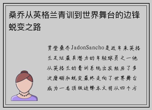 桑乔从英格兰青训到世界舞台的边锋蜕变之路